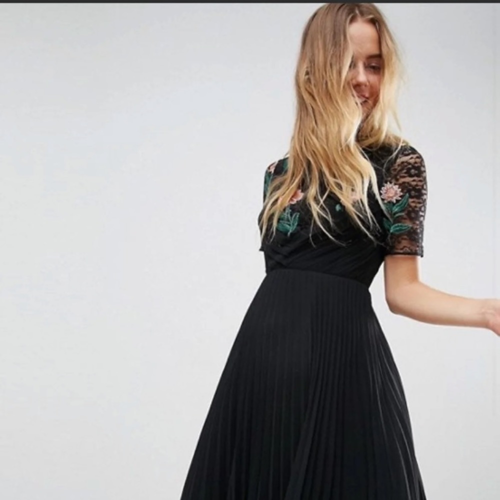 ASOS Pleated Embroidered Lace Midi Dress - Picture 2 of 4